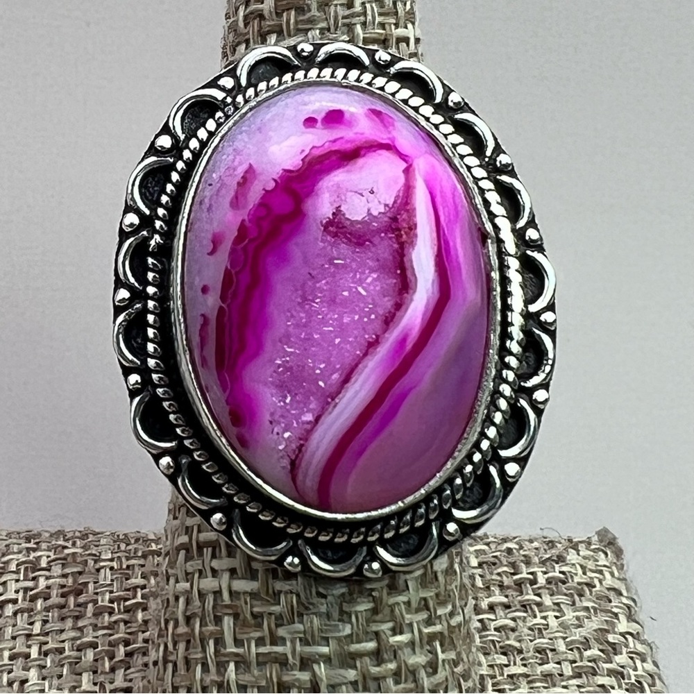 New Pink Druzy Agate Crystal Silver Overlay Ring Size 6.75